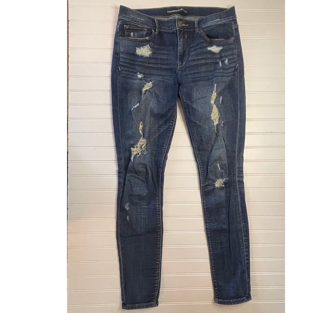 Express Jeans Mia Mid Rise Legging Distressed Skinny Dark Wash Denim 10L 10 Long
